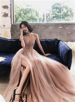 Picture of V-neckline Pink Beaded Tulle High Slit Straps Formal Dresses, Pink Tulle Party Dresses Formal Dresses